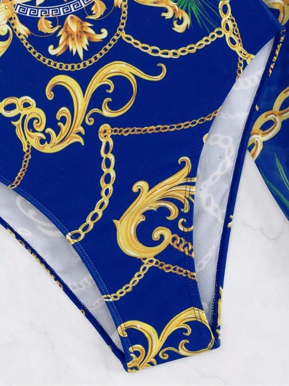 Navy Blue & Gold Chain Print One-Piece Swimsuit with Beach Skirt